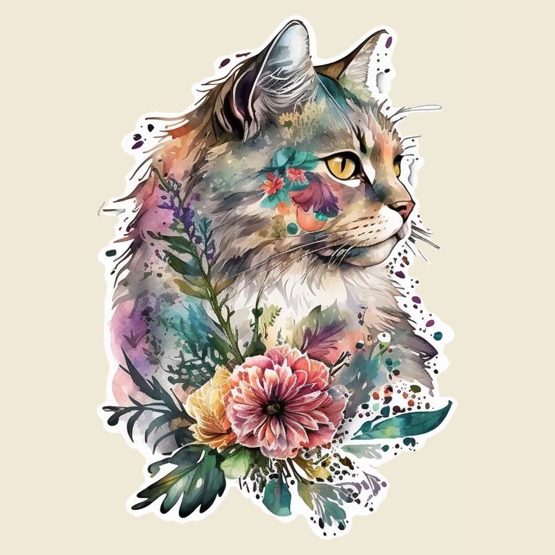 Boho Katze Aquarell Blumen