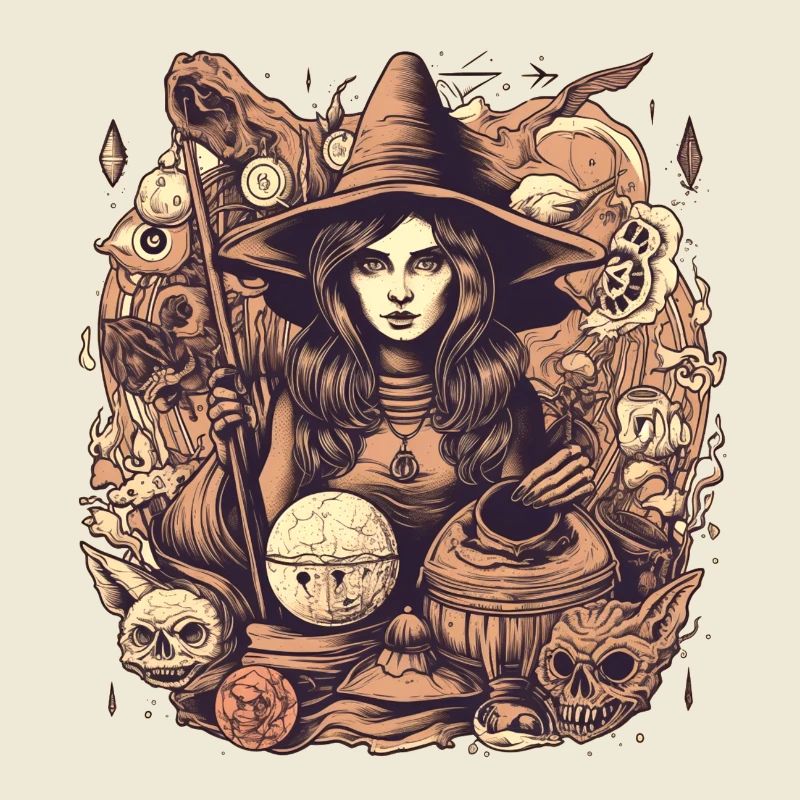 Gloomy beautiful witch with hat and skull