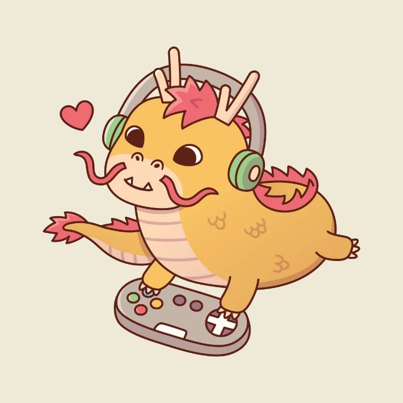 Cute Dragon Playing Video Games on Game Controller