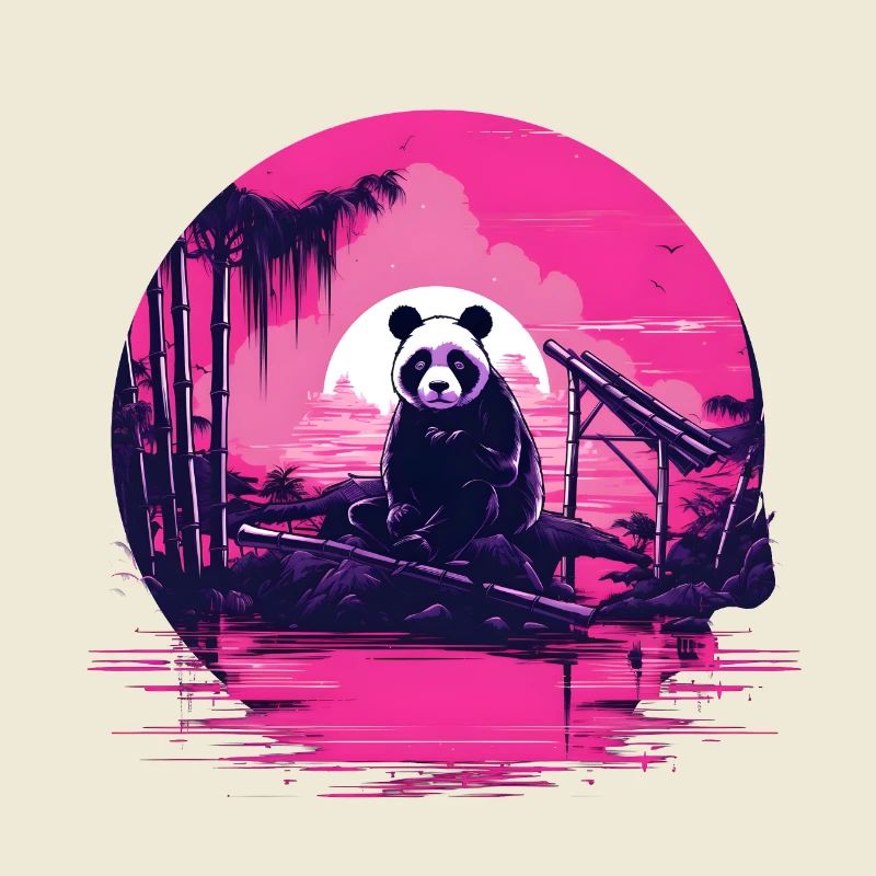 Synthwave Panda Japon Coucher de soleil
