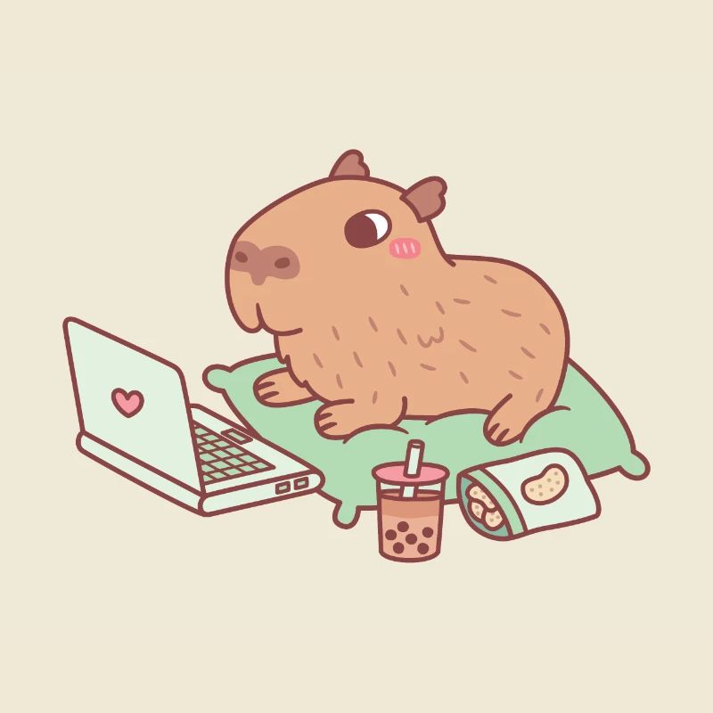 Mignon Capybara Chilling avec ordinateur portable et collations