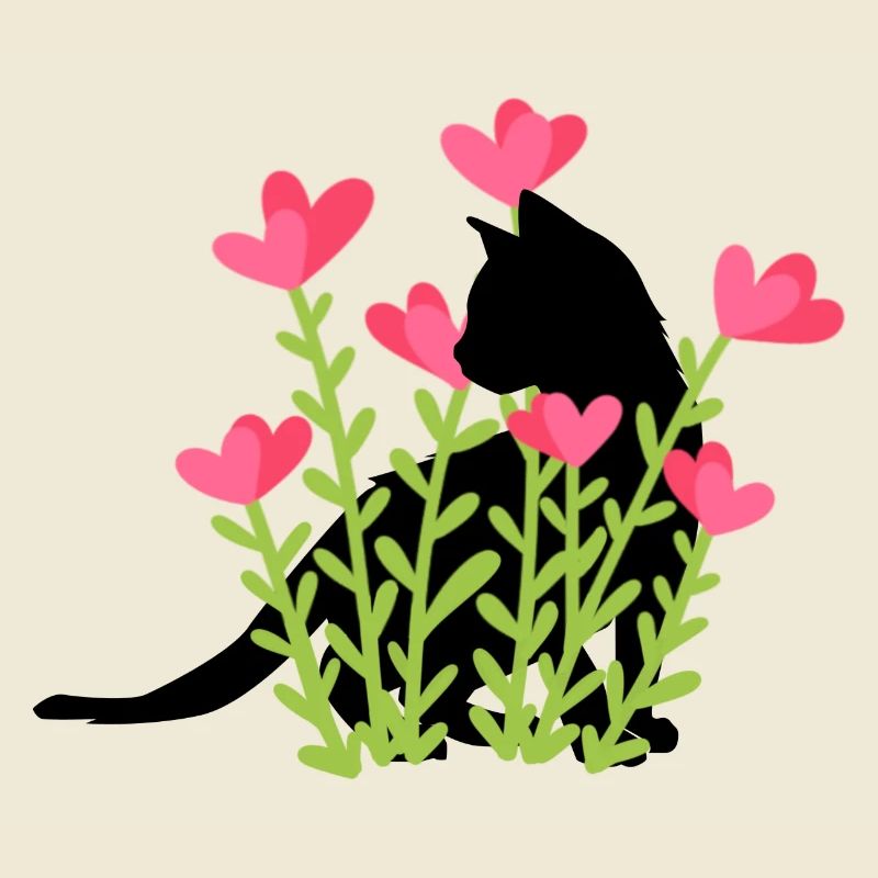 Frühlingsdesign - schwarze Katze im Blumenbeet