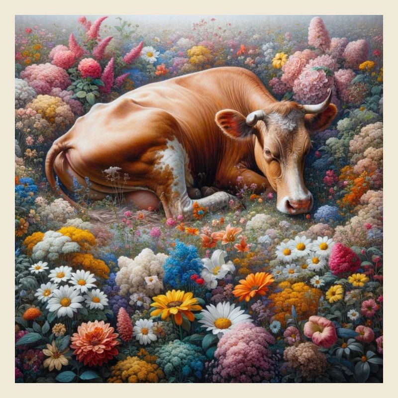 Vache dans la mer de fleurs