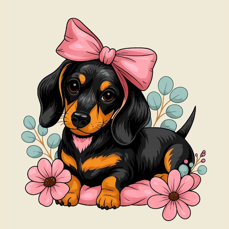 Dackel mit Pinker Schleife und Blumen
