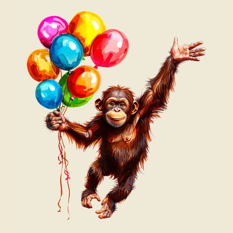 Affe mit Bunten Luftballons als Glücksbringer