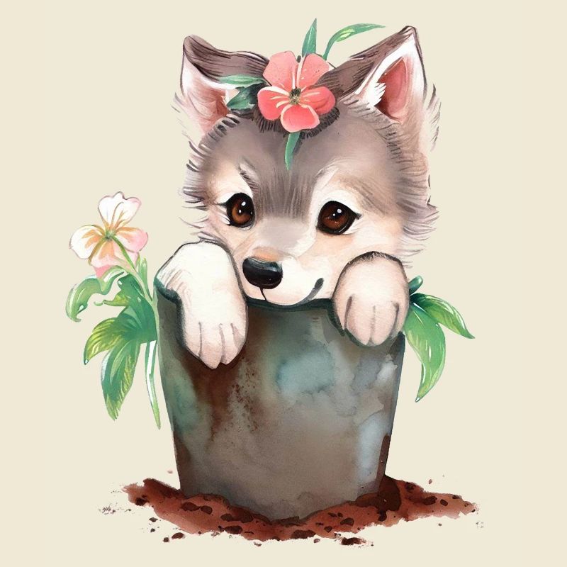 Chiot chiot dans un pot de fleurs