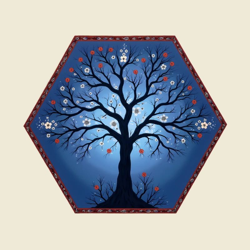 Logo with tree, blossoms, hexagon