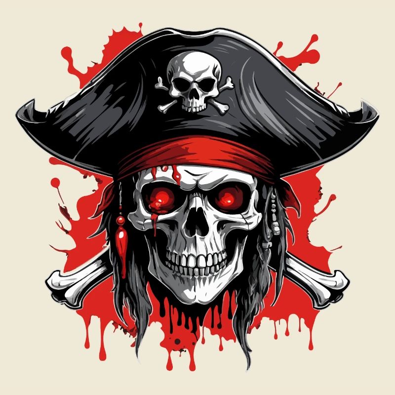 Crâne de pirate avec tricorne et éclaboussures de sang