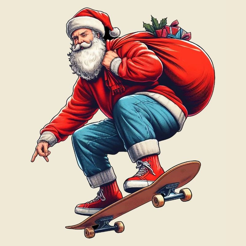 Retro-Weihnachtsmann springt mit einer Tüte voller Geschenke auf ein Brett