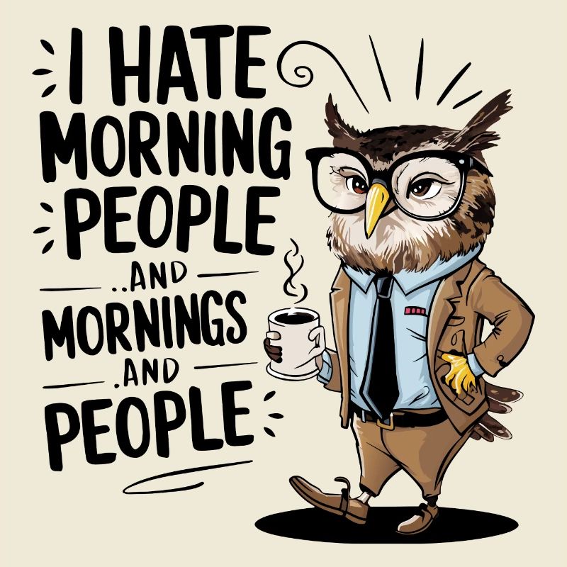 First coffee grumpy owl with coffee cup