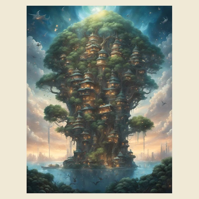 Ein wunderschöner Baum mit einem Elfendorf