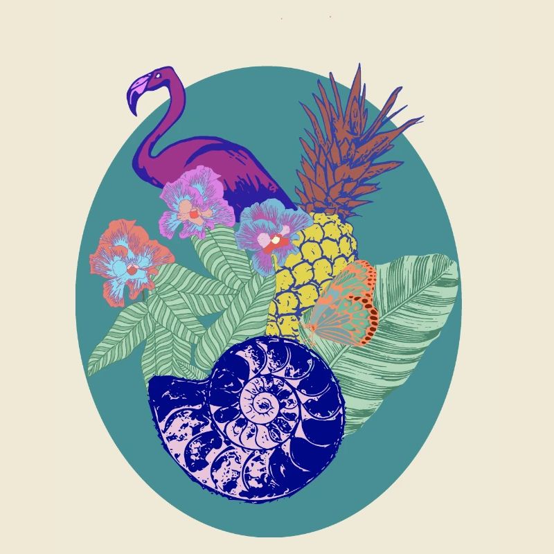 flamingo, pineapple and shell