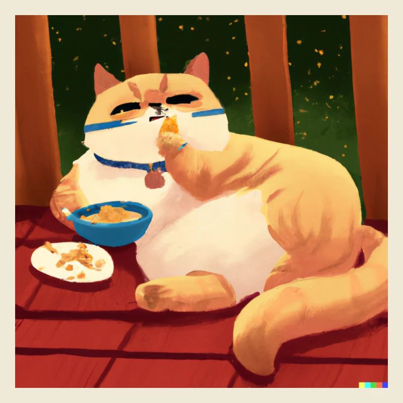 Cat lazes on balcony and eats comfortably
