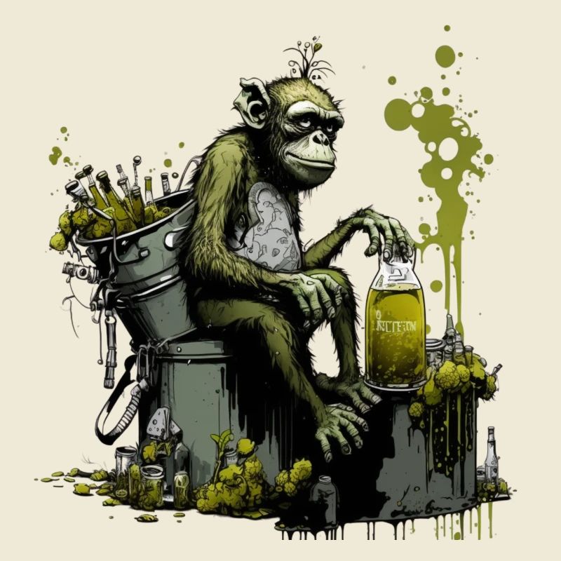 Chimpanzés devant la bouilloire de brassage, front spécial