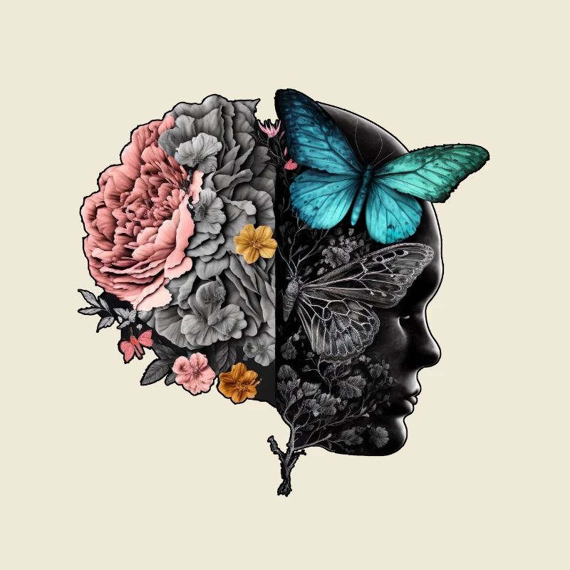 Half Vintage Flower brain Batterfly Ur-Tshirt