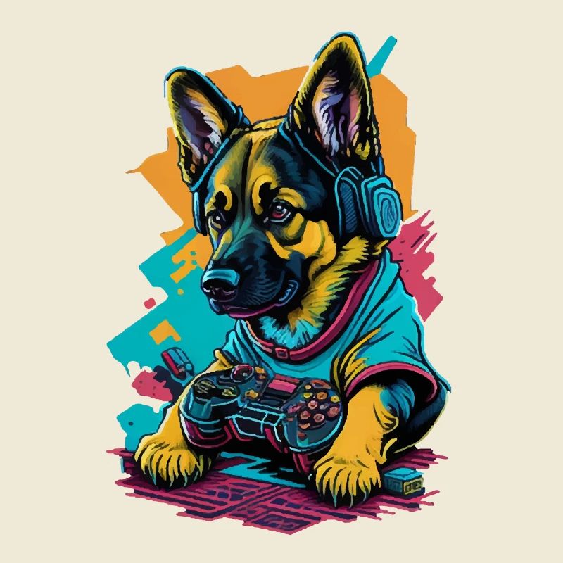 German Shepherd puppy plays with game control