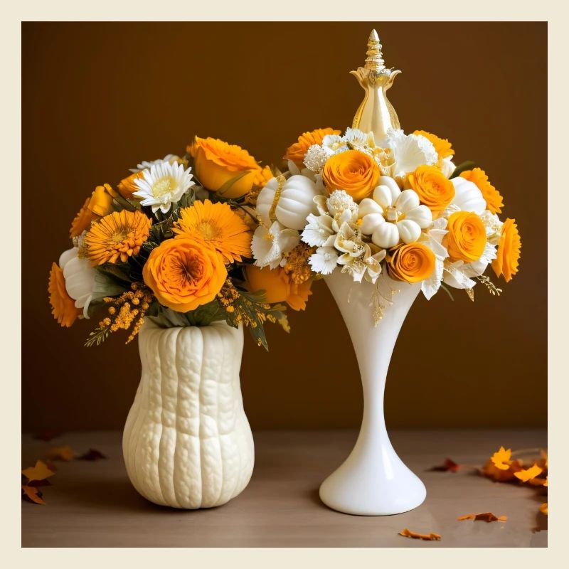 Høstbukett med blomster i Halloween-vaser