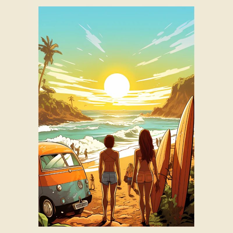 Scène de plage avec planche de surf