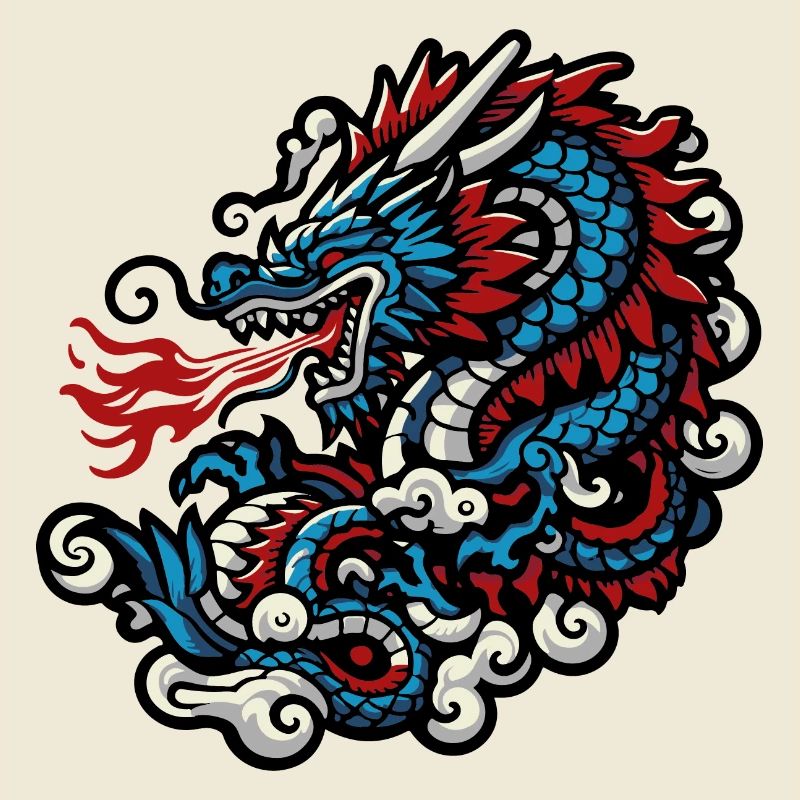 Vintage feuerspeiender blauer und roter Drache