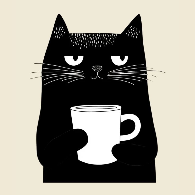 Minimalistisch: Schwarze Katze mit Kaffeebecher