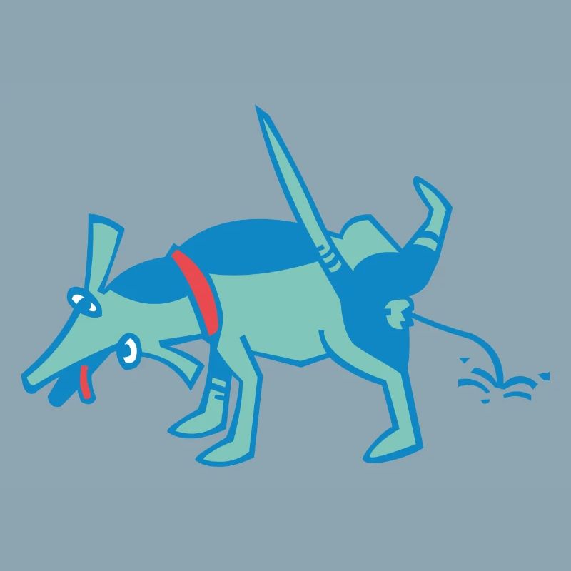 kleiner, blauer Hund pullert an eine Wand