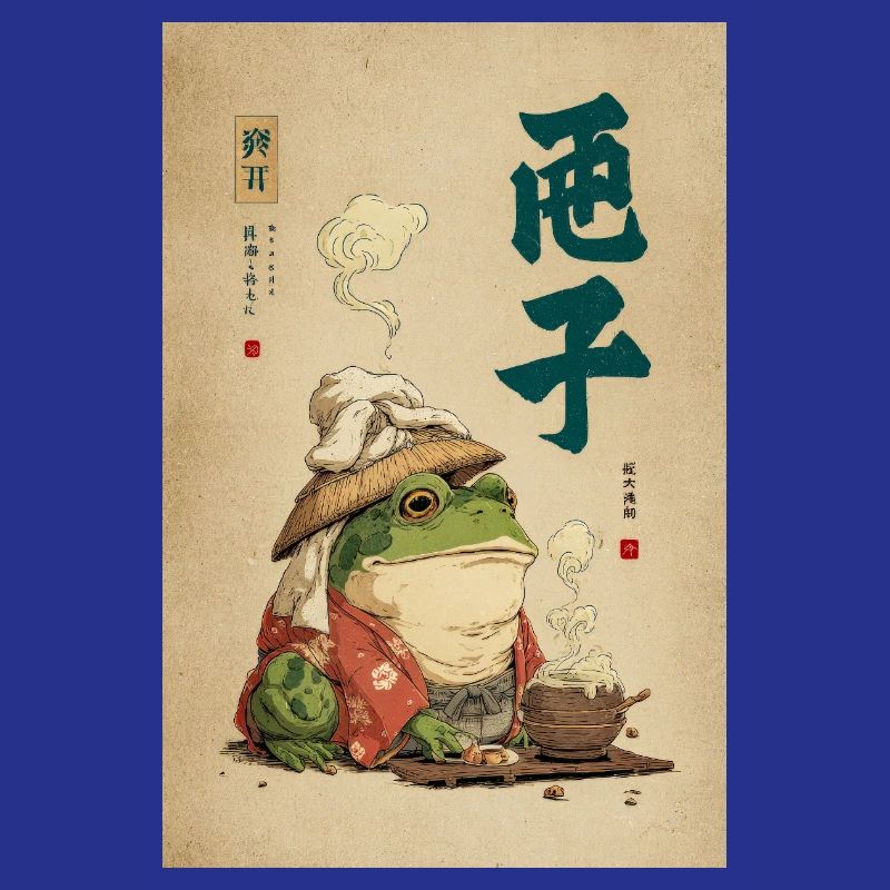 Frog Samurai in Silk Robe with Tea