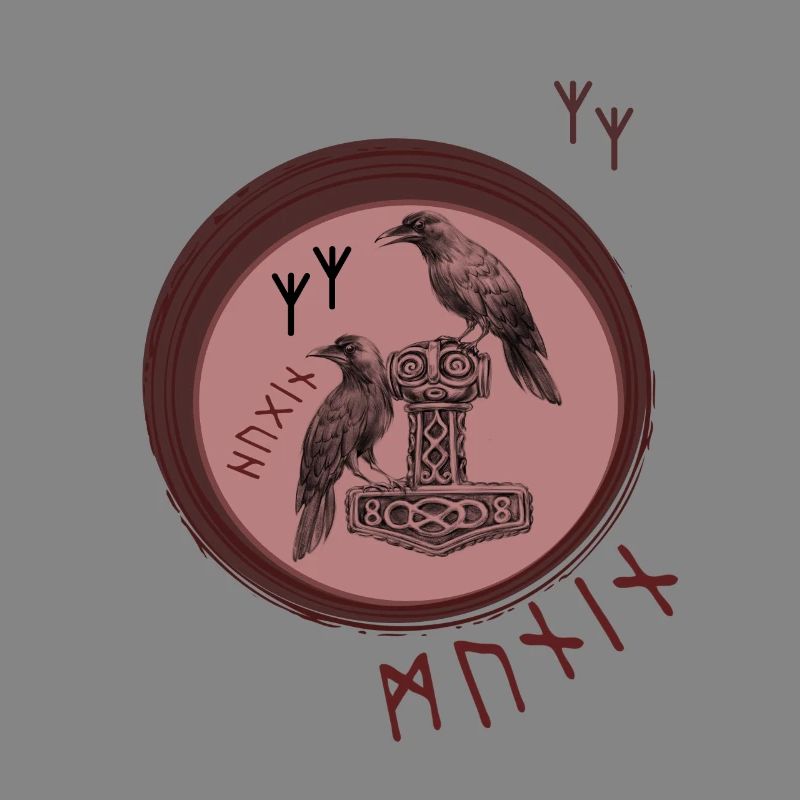 Thor Hammer Mjölnir with Odin Ravens Hugin and Munin