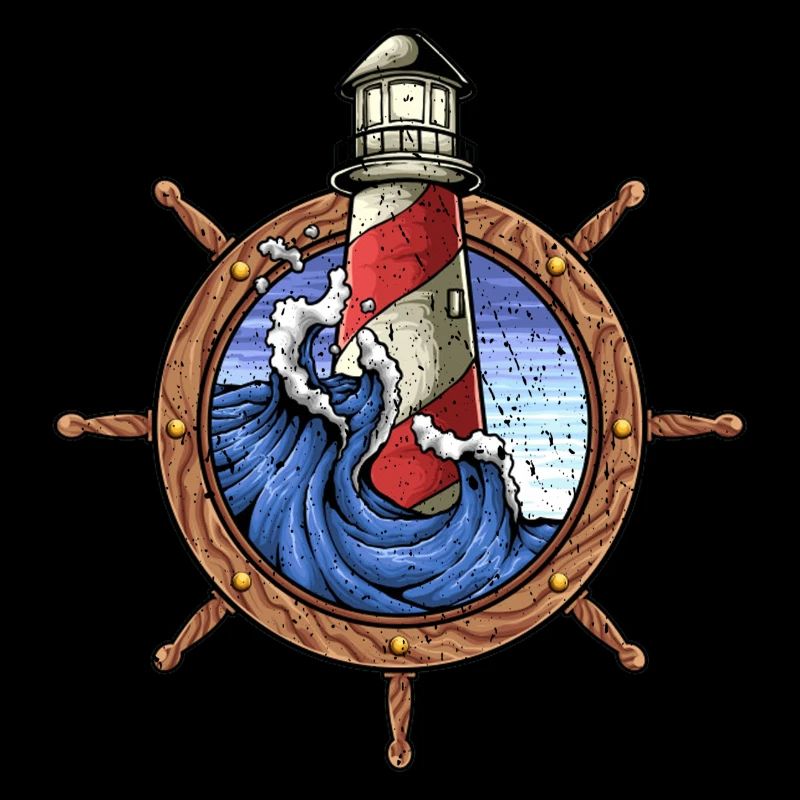 Lighthouse sea wave sailor captain steering wheel
