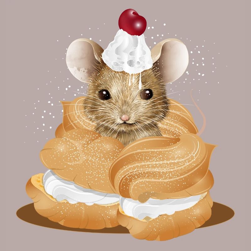 Maus mit Sahnehäubchen inmitten von Windbeuteln
