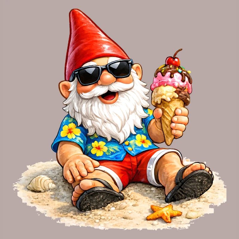 Gartenzwerg am Strand mit Eis in der Hand  