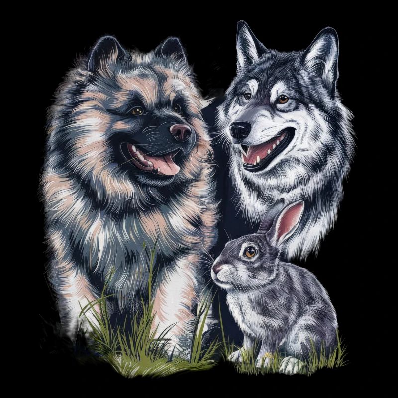Wolfspitz with wolf and hare