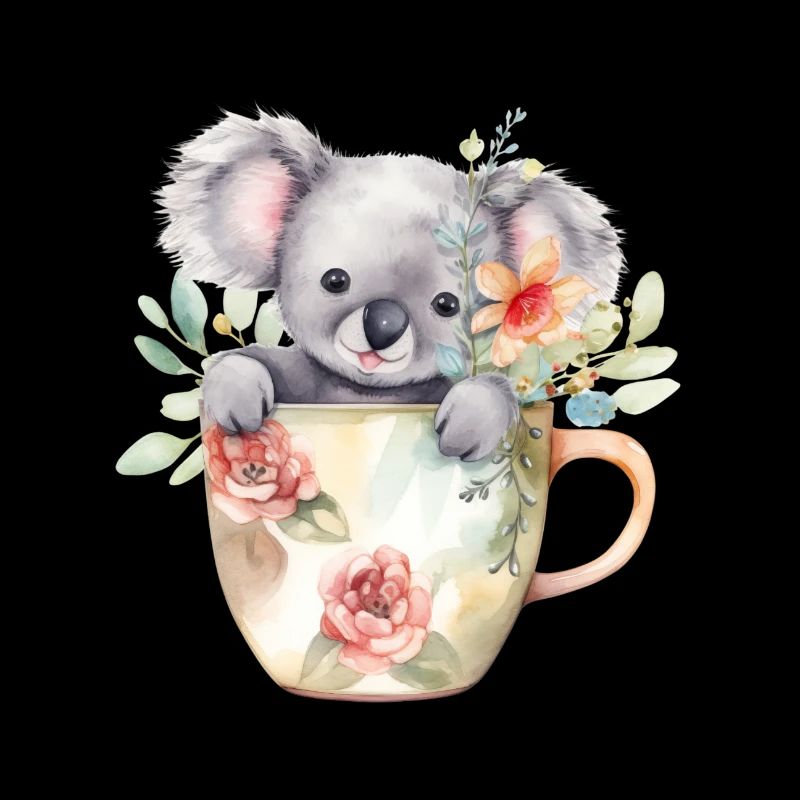 Cute koala with flowers in coffee mug
