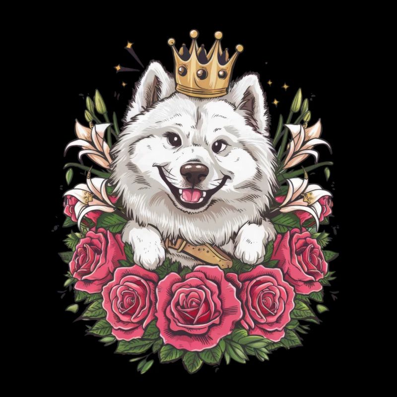 Süßer Samojede Spitz mit Rosen und Lillien
