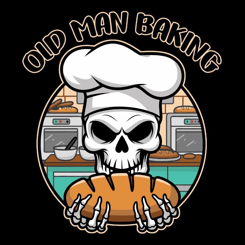 Funny Baker Skull with Bread. Old man bakes