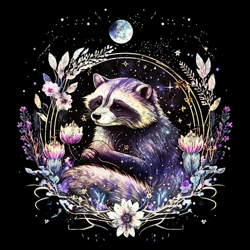Petit raton laveur, Lune, Fleurs, Étoiles, Animaux,