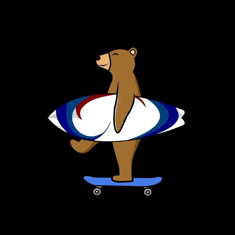 Bear with skateboard and surfboard
