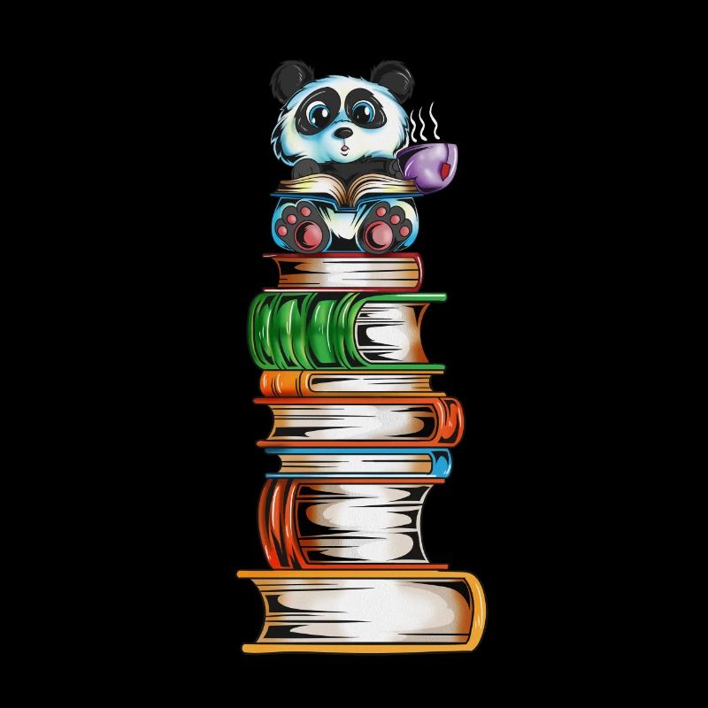 Panda bear on a book tower with tea Read the book