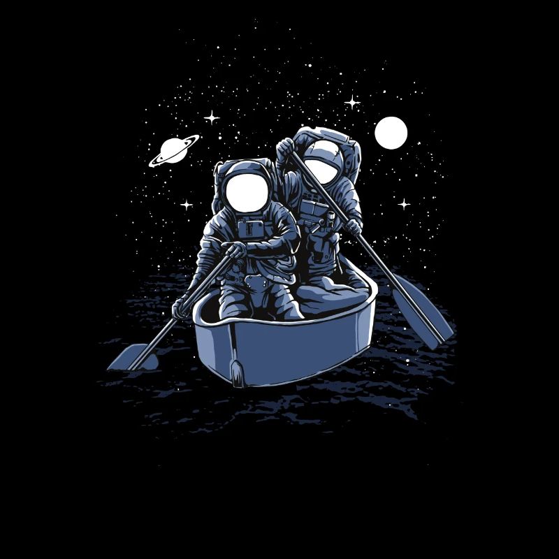 Two astronauts row through the universe.