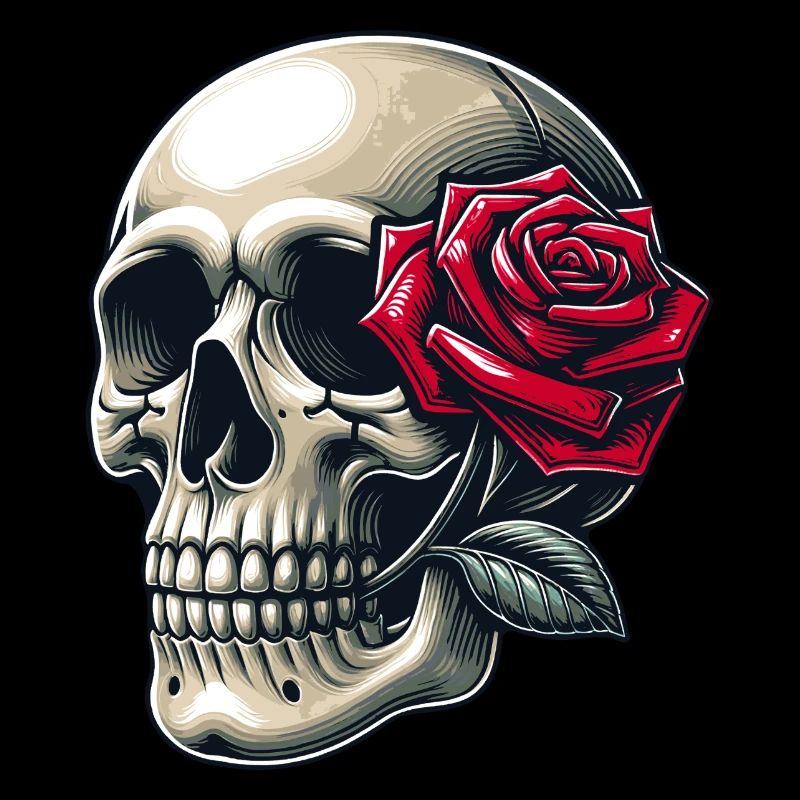 Skull with rose between the teeth