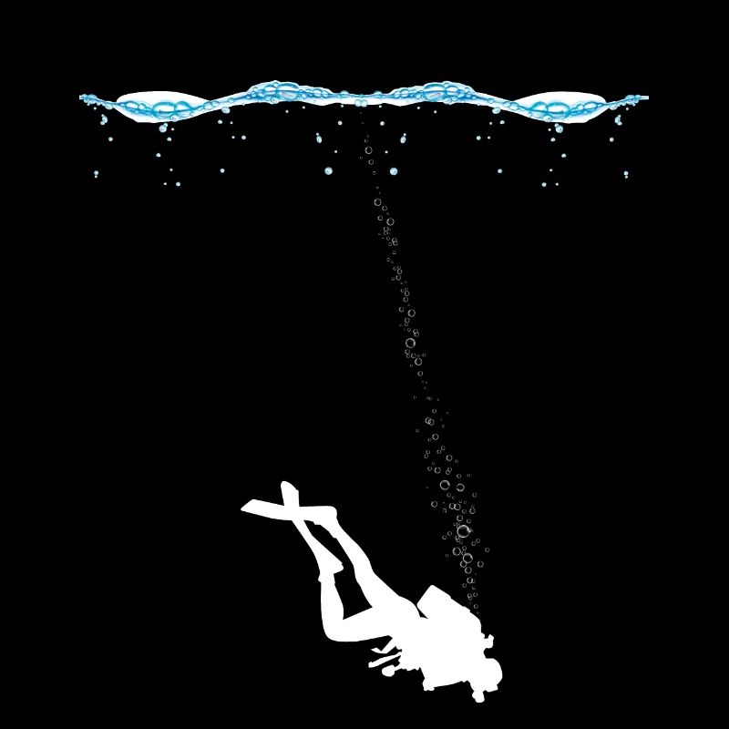 Scuba divers underwater with air bubbles