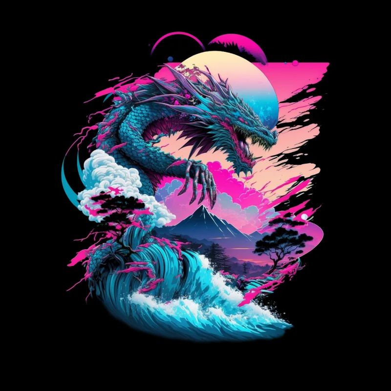 Drache Vaporwave Abstrakte Landschaft Mond Baum