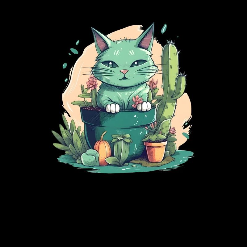 Chat vert en pot de fleurs avec cactus et citrouille