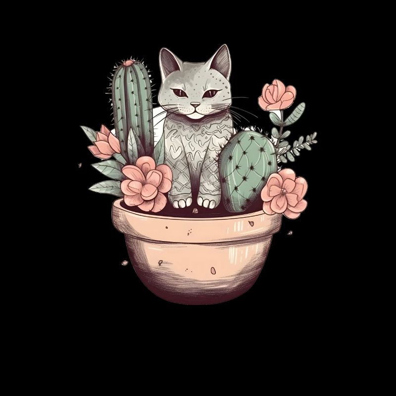 Chat en pot de fleurs avec cactus et fleurs