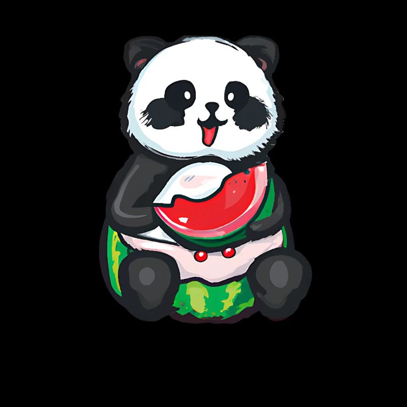 Un panda mignon s’assoit et mange une pastèque