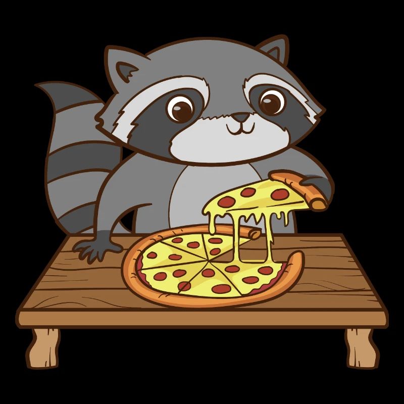 Ein süsser Waschbär isst eine Pizza.