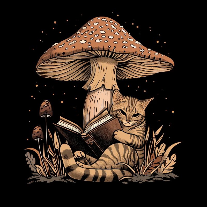Cottagecore Aesthetic Cat Reading Book Mushroom Witchy