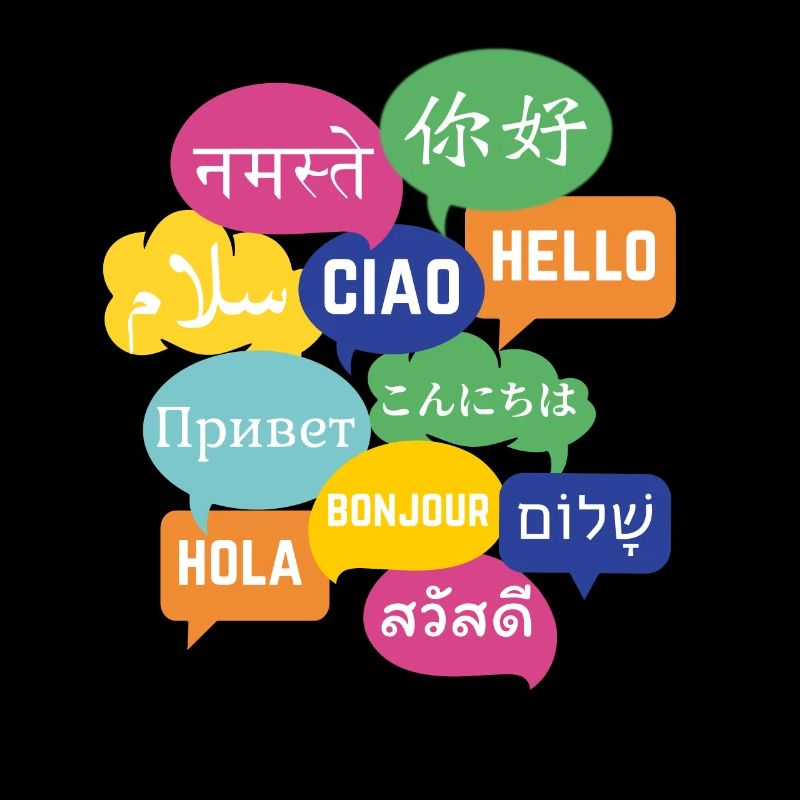 Colorful "Hello" speech bubble design, many languages