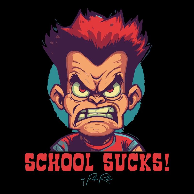 Cartoon Schlägertyp Schüler sagt: Schule ist Mist