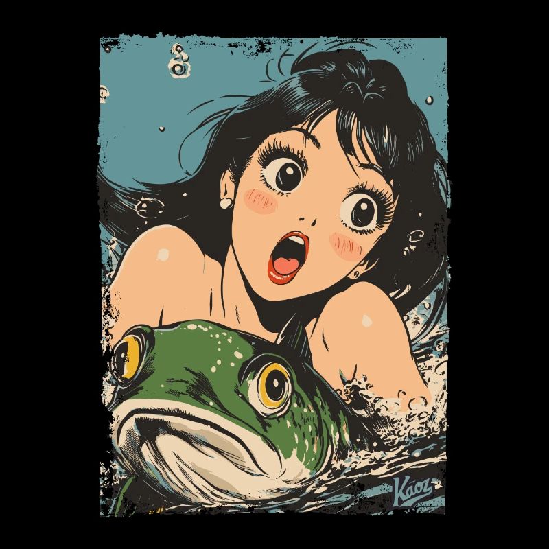 Dessin animé Sirène et poisson vert