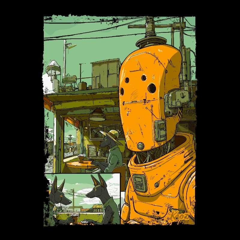 Cartoon einer Sci-Fi-Dystopie mit Roboter